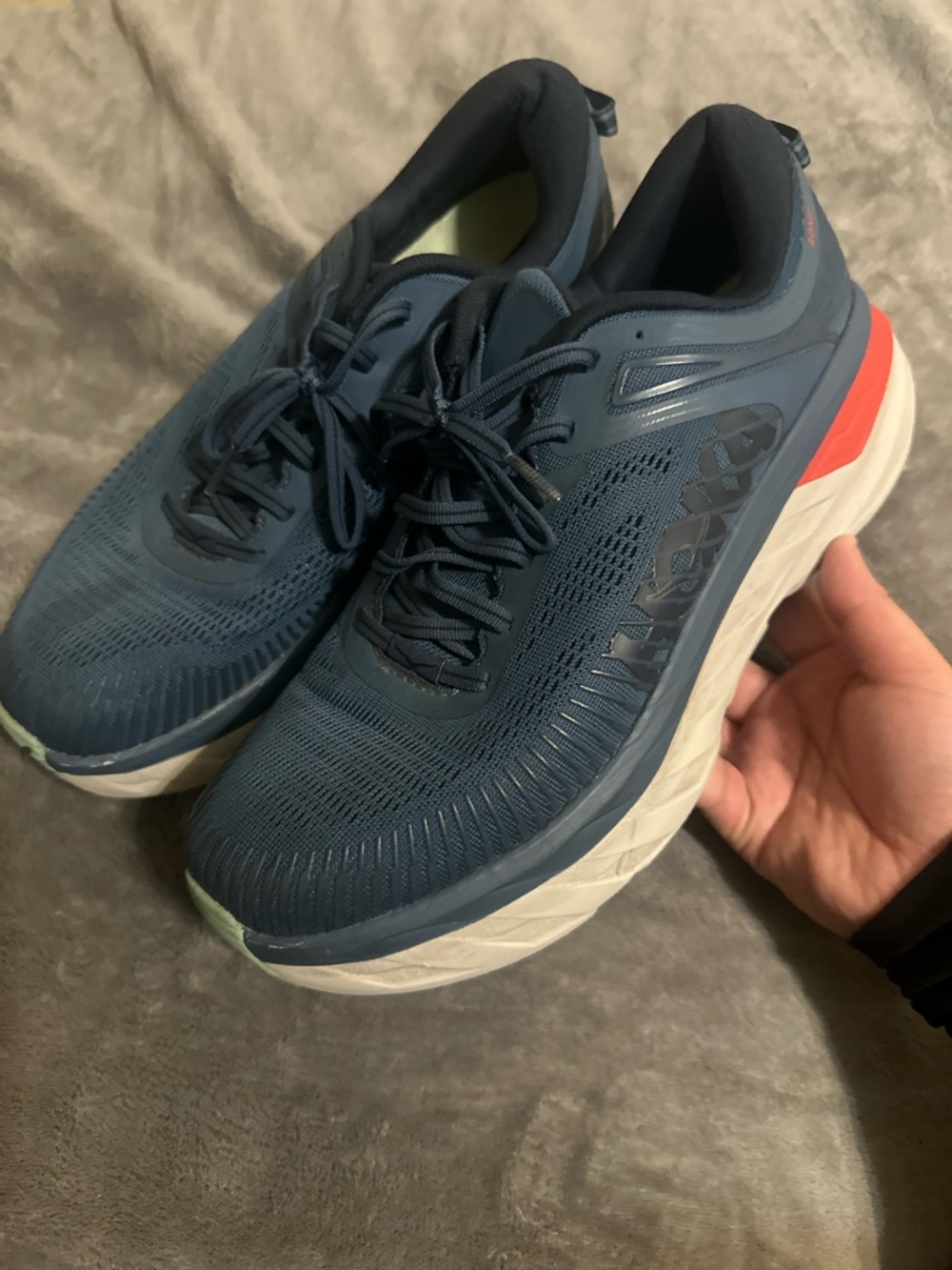 Hoka Navy Blue Running Shoes with Coral Heel Accent